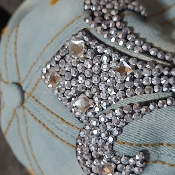 FLEUR-DE-LIS RHINESTONES STUDDED DISTRESSED FAUX-LEATHER DENIM CAP HAT - Picture 5 of 16